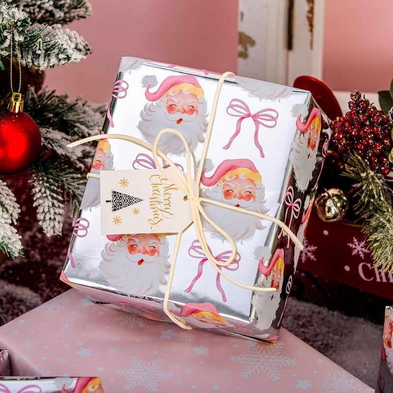 MAYPLUSS Christmas Wrapping Paper Roll - 17 Inch X 33 Feet - Pink Cute Bow Santa Claus Reversible Snowflake Gift Wrapping Paper, Thick Wrap Paper for Holiday Party New Year Kids - Image 2